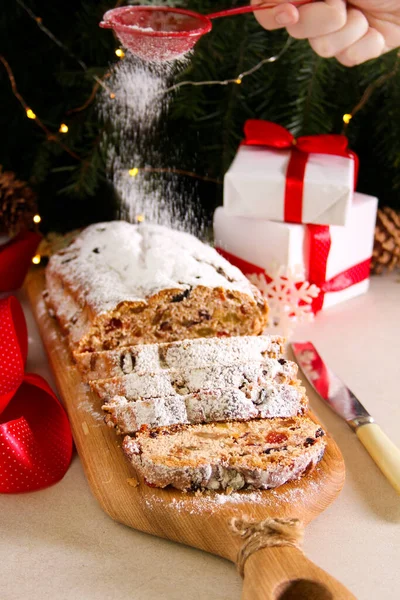 Christmas Traditional Fruit Nut Cake Stollen — Stock Photo, Image