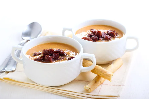 Red lentil  and chorizo soup — Stock Photo, Image