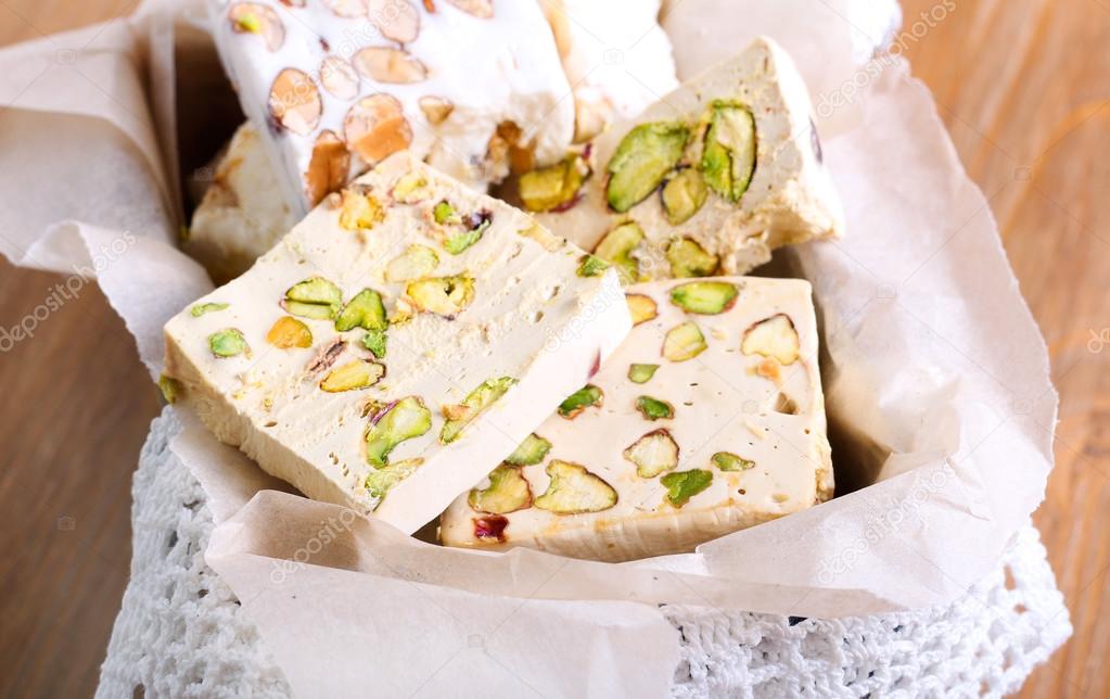 Honey and different sorts of nut nougat slices 