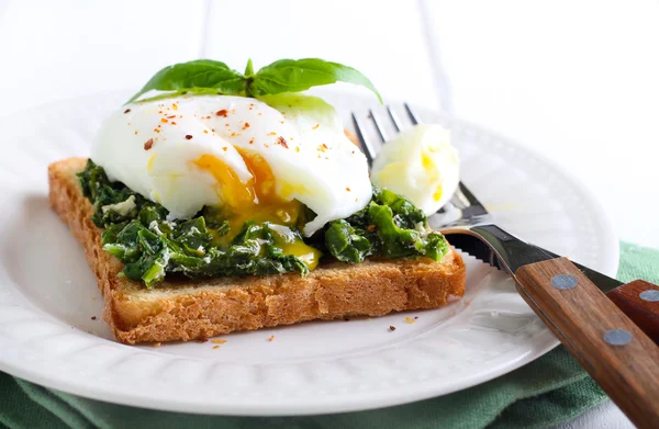 Creamy spinach and poached egg toast — Stock Photo, Image