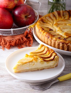 Apple and cheese pie, sliced and served