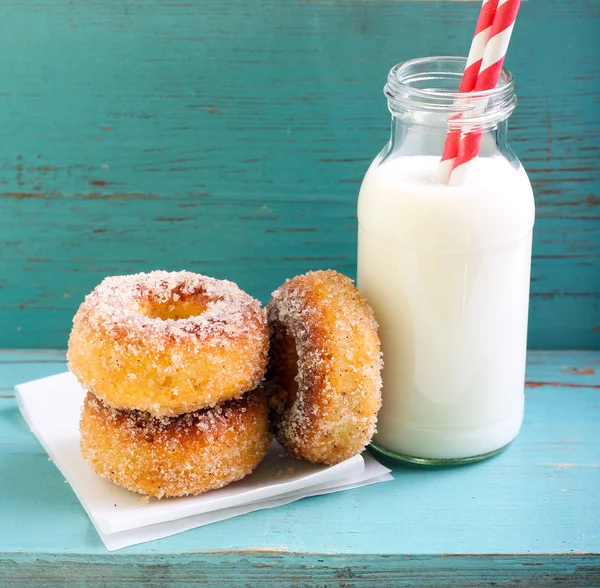 Kanel socker donuts och flaska mjölk — Stockfoto