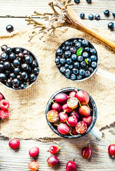 Fresh blueberries, currants and gooseberries, rustic, top view — Stock Photo, Image