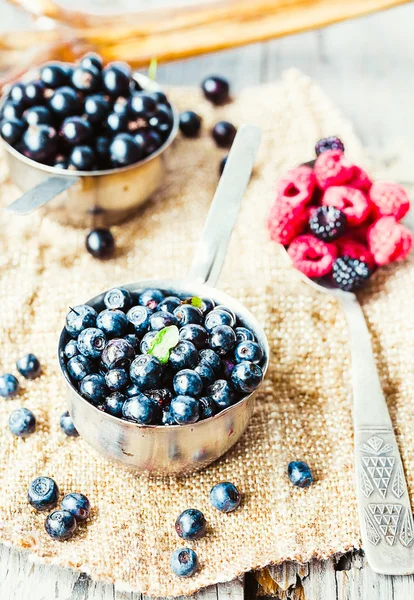 Fresh blueberries, currants and raspberries in the metallic plat — Stock Photo, Image