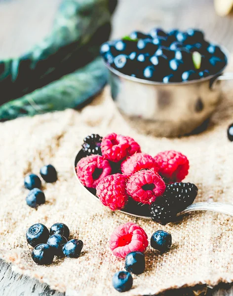 Fresh blueberries, currants and raspberries metallic plates, rus — Stock Photo, Image