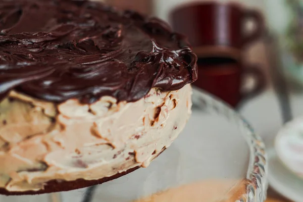 Смачний Домашній Десерт Багатий Темний Шоколадний Торт Вологий Кремовий Гіркий — стокове фото