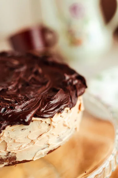 Delizioso Dessert Fatto Casa Ricca Torta Cioccolato Fondente Umido Cremoso — Foto Stock