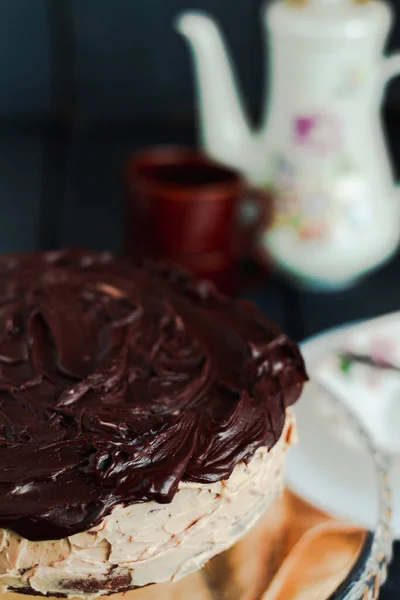 Delicioso Postre Casero Rich Dark Chocolate Cake Sabor Chocolate Húmedo — Foto de Stock