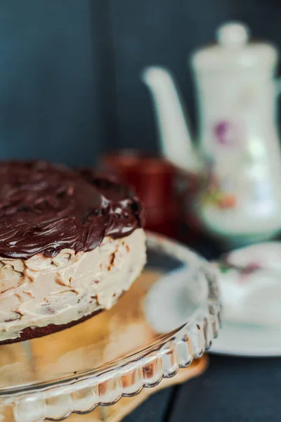 Délicieux Dessert Maison Gâteau Chocolat Noir Riche Goût Moelleux Crémeux — Photo