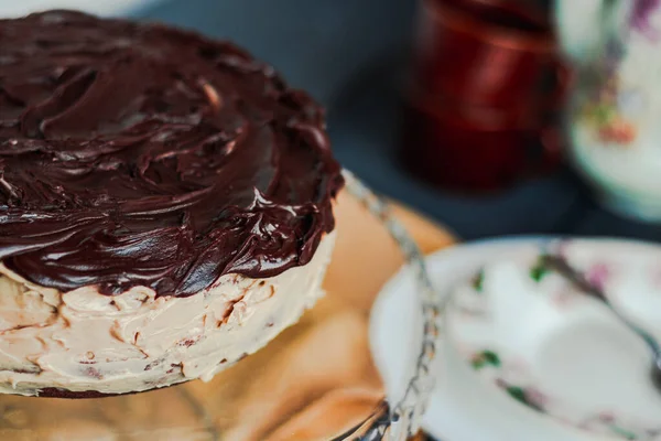 Köstliches Hausgemachtes Dessert Rich Dark Chocolate Cake Feuchter Cremiger Und — Stockfoto
