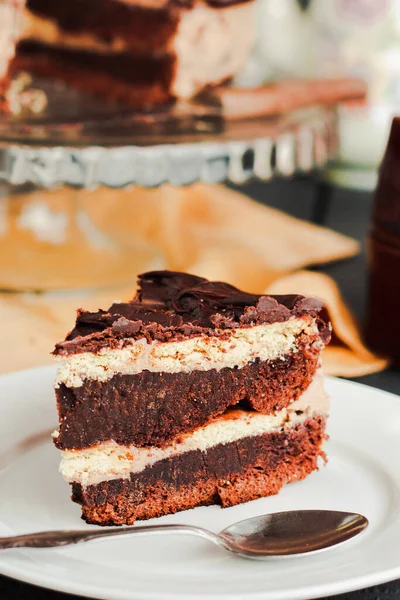 Appetizing Slice Chocolate Layered Birthday Cake Close Blue Gray Wooden — Stock Photo, Image