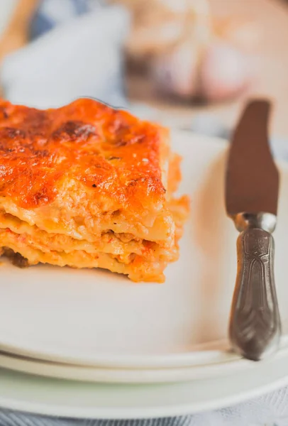 Slice Deliciousmeat Lasagna Mushrooms Cheese Crust White Plate Viewed Close — Stock Photo, Image