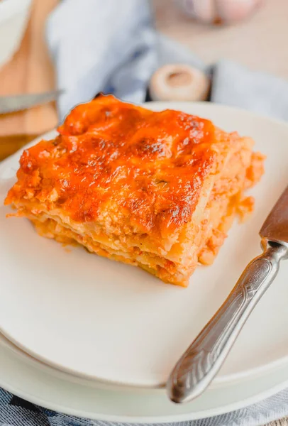 Slice Deliciousmeat Lasagna Mushrooms Cheese Crust White Plate Viewed Close — Stock Photo, Image