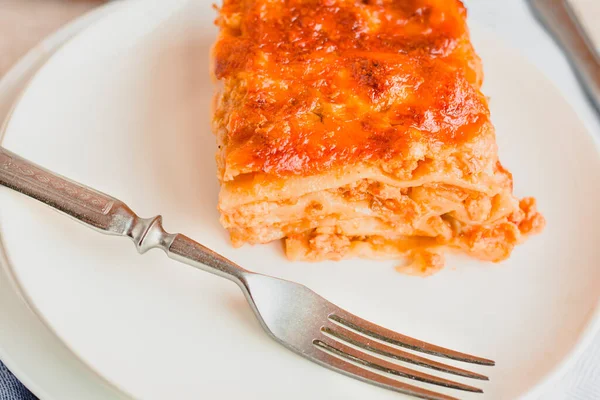 Close Classic Meat Lasagna Cheese White Plate Italian Food Concept — Stock Photo, Image