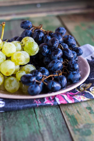 Twig of green and blue grapes on a plate — Stock Photo, Image