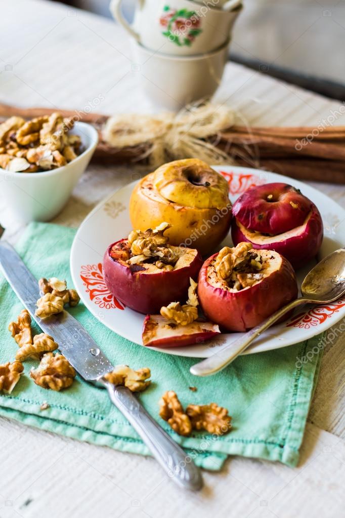 baked apples with walnuts and honey, autumn food