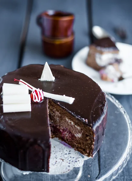 Секция шоколадного торта со сливками и вишней на стенде — стоковое фото
