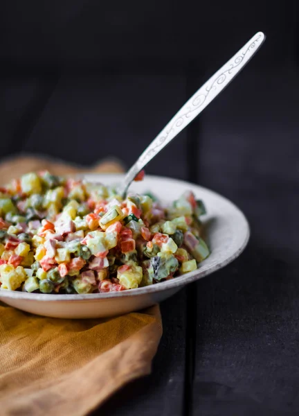 Olivier salad with mayonnaise, new year — Stock Photo, Image