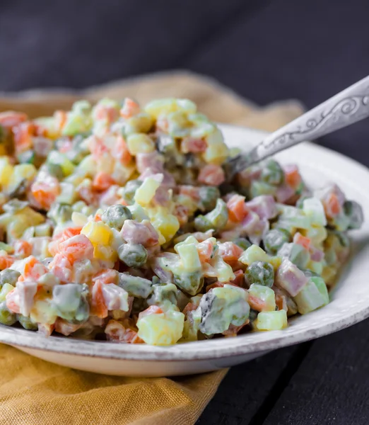 Olivier salad with mayonnaise, new year — Stock Photo, Image