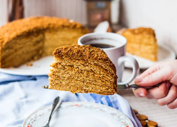 Honey cake with cream shortcakes impregnation, sweet dessert — Stock Photo, Image