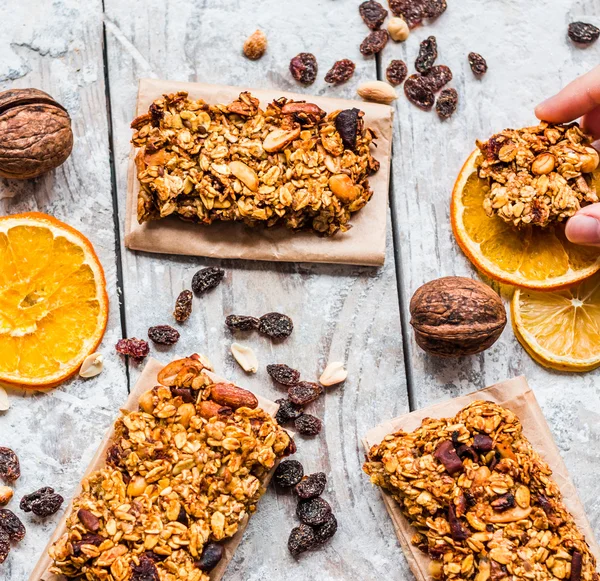 granola bars citrus, peanut butter and dried fruit, healthy food