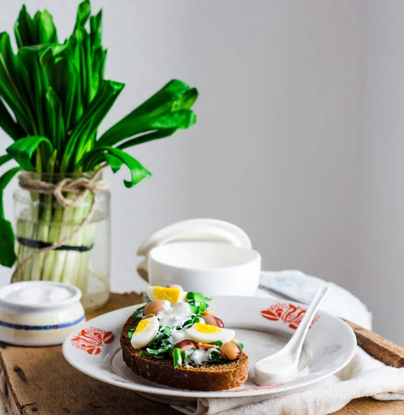 Pırasa bıldırcın yumurtası ve siyah ekmek üzerinde ekşi krema ile snack — Stok fotoğraf