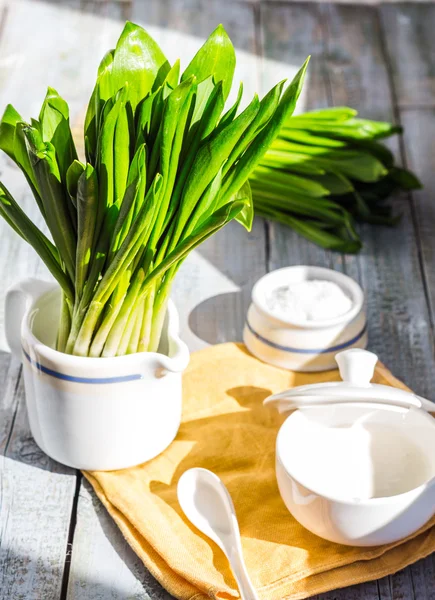 Ramson with sour cream and salt to the light board — Stock Photo, Image