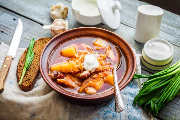 Roter Borschtsch mit Bohnen, saurer Sahne, Bärlauch, Roggenbrot, Rusti — Stockfoto