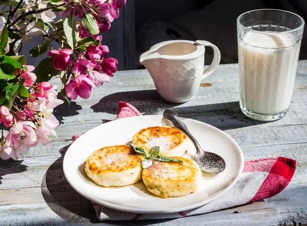 Kaas pannenkoeken met mint en gepoederde suiker, bloemen, gezonde b — Stockfoto
