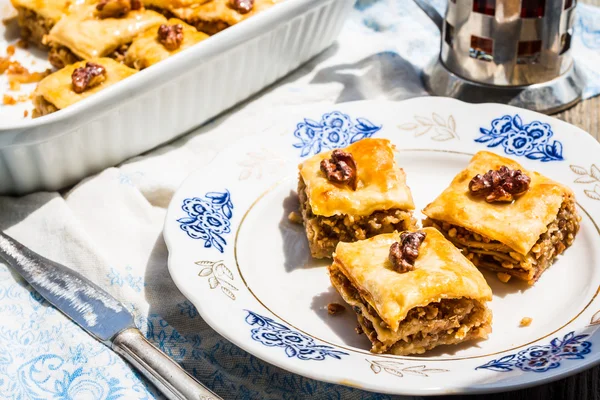 Türk bal baklava, arka planı yeşil bahçe parçaları — Stok fotoğraf