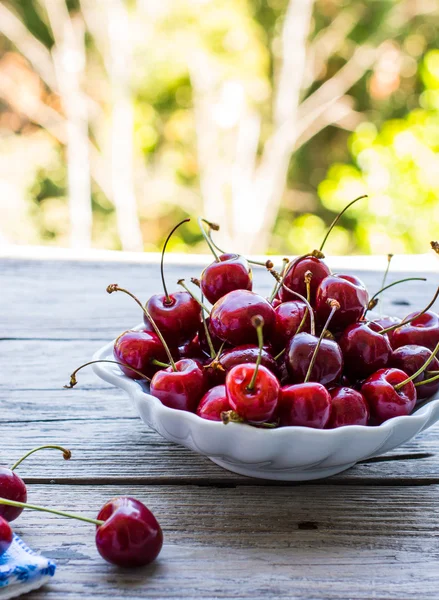 Frische rote Kirschen in einem Teller, auf einem Hintergrund von grünem Garten, — Stockfoto