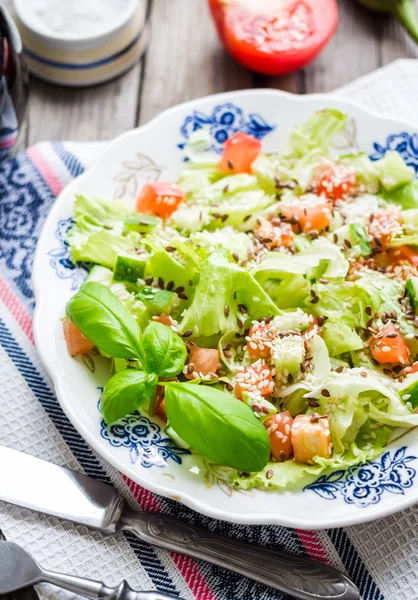 yeşil sebze salata domates, patlıcan, susam ve ba