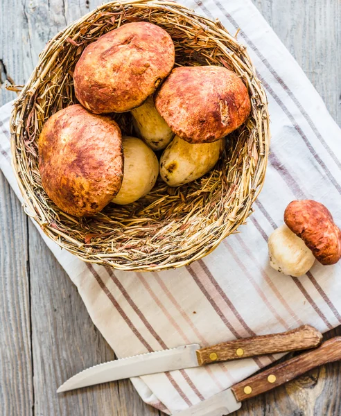 Steinpilze auf grauem Brett, rustikaler Hintergrund, Messer — Stockfoto