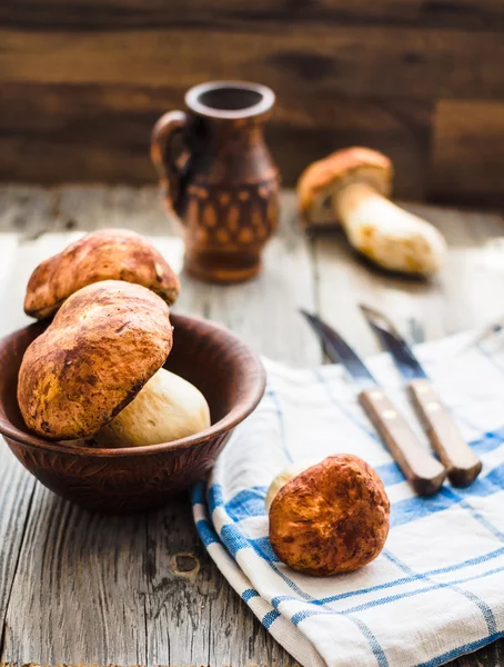 Champignons bolets sur une planche grise, fond rustique, sélectif — Photo