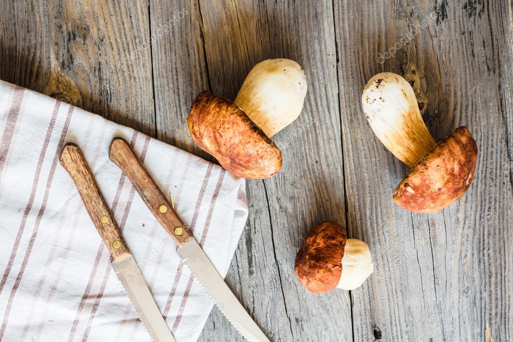 boletus mushrooms on a gray board, rustic background, knives