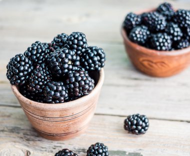 Ahşap bir masa, closeup kil tencere taze tatlı blackberry