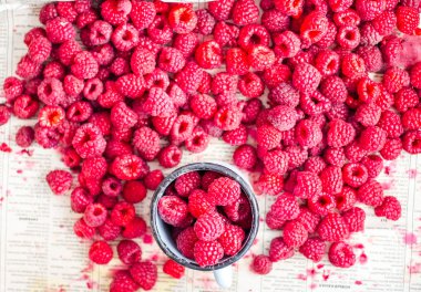 bir metal kupa ve plaser, üstten görünüm taze kırmızı ahududu