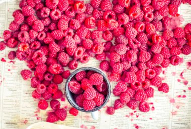 bir metal kupa ve plaser, üstten görünüm taze kırmızı ahududu