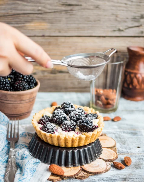 Sprinkle with powdered sugar tartlet with cream cheese and black — Stock Photo, Image