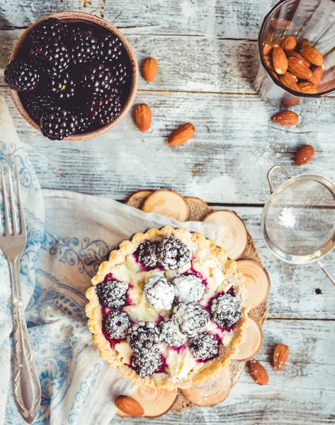 Tartı ile krem peynir ve böğürtlen, tatlı cheesecake, ru — Stok fotoğraf