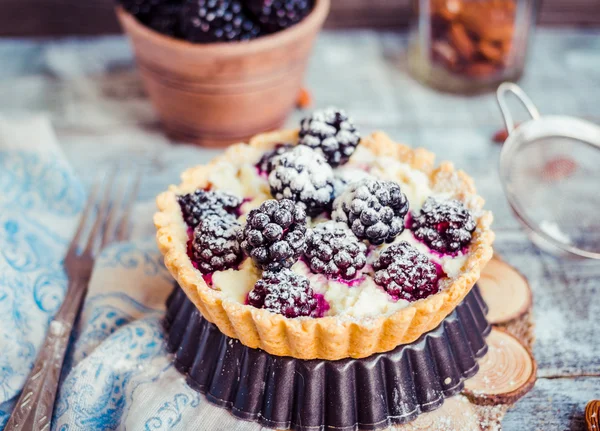 Tartı ile krem peynir ve böğürtlen, tatlı cheesecake, ru — Stok fotoğraf