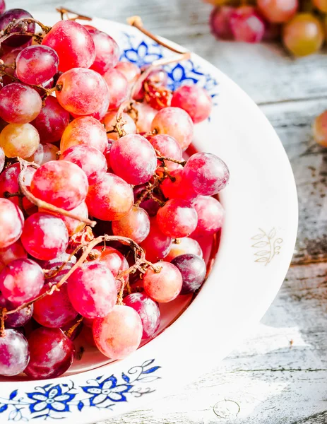 Raisins rouges frais dans l'assiette, fruits crus, aliments pour plantes entières — Photo