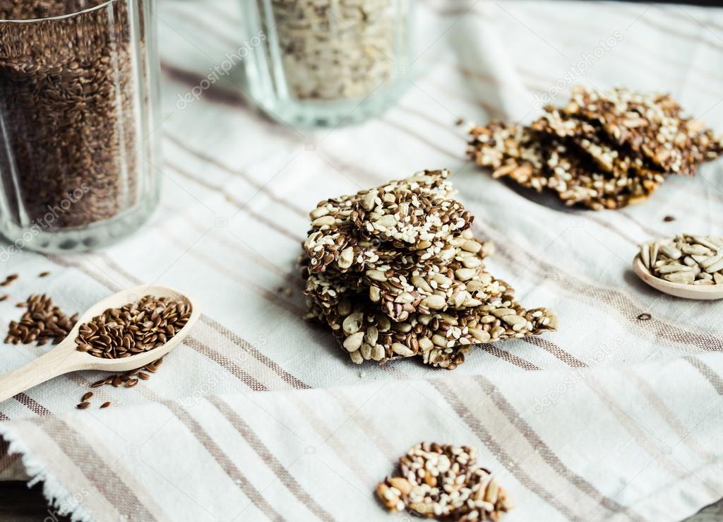 flaxen bars with sunflower seeds, sesame seeds and spices, healt