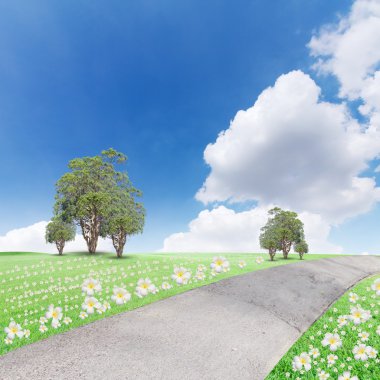 Landscap mavi gökyüzü bulutlar ve ağaç çimenlerin üzerinde