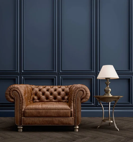 Estilo Clásico Interior Leather Sillón Con Lámpara Azul Wall Representación — Foto de Stock
