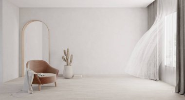 Koltuklu ve perdeli 3D kabartmalı oda