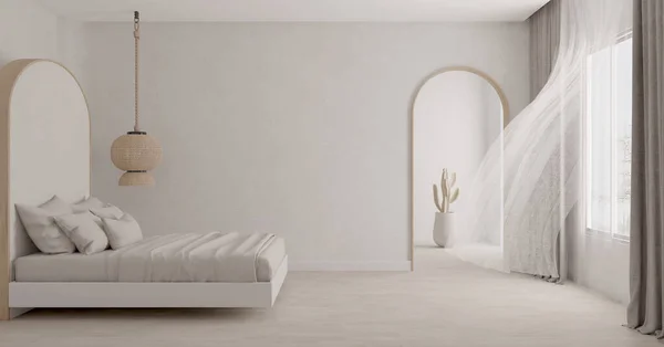 White bedroom with curtain blowing.3d rendering
