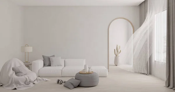 Wohnzimmer Mit Softseat Und Vorhang Weht Rendering — Stockfoto