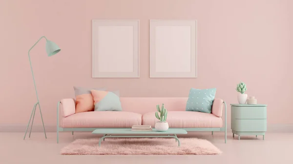 Living room.Design with pastel color.Sofa,table,carpet and pink wall.3d rendering