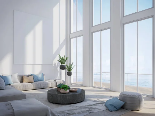 Moderne Woonkamer Luxe Huis Met Uitzicht Zee Blanco Canvas Rendering — Stockfoto